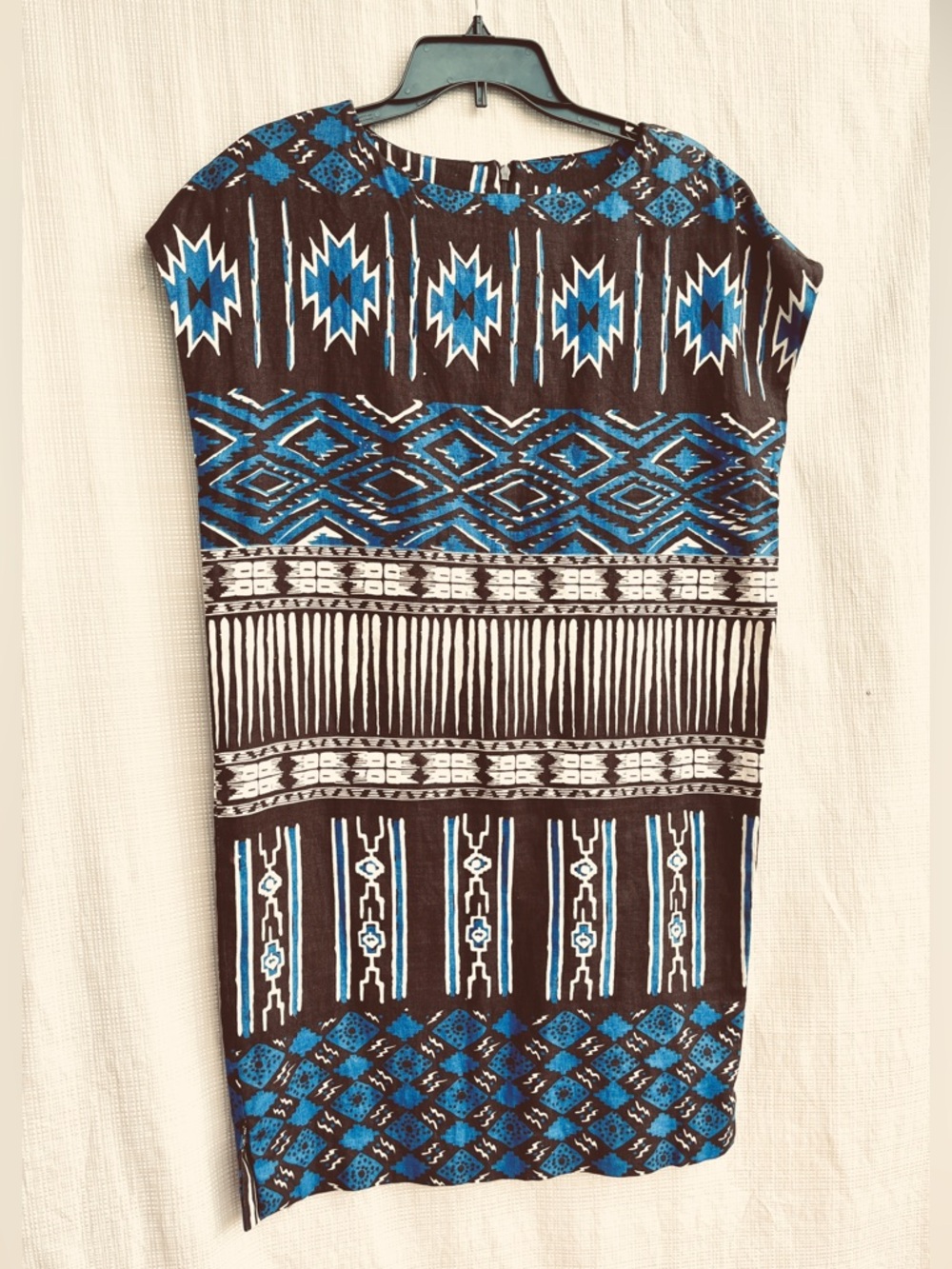 Vintage Linen 90s Shift Dress Geometric Aztec Festival Global Nomad Block Print
